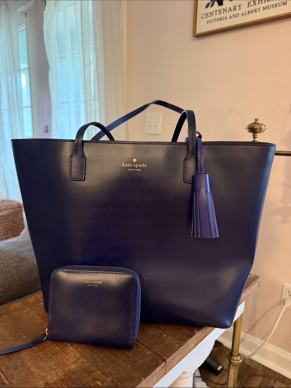 kate spade navy leather tote with tassel and matching wallet